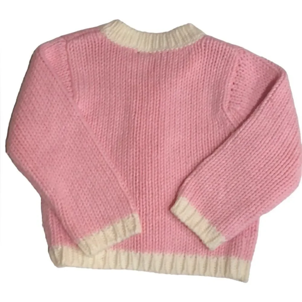 Old Navy Baby Pink Chunky Knit Cardigan Sweater Cream Trim 6-12M